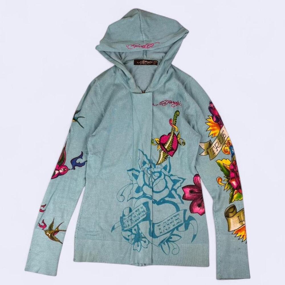 Y2k Ed Hardy Zip Up Hoodie RARE Womens Size Medium Blue Tattoo Geisha Rhinestone